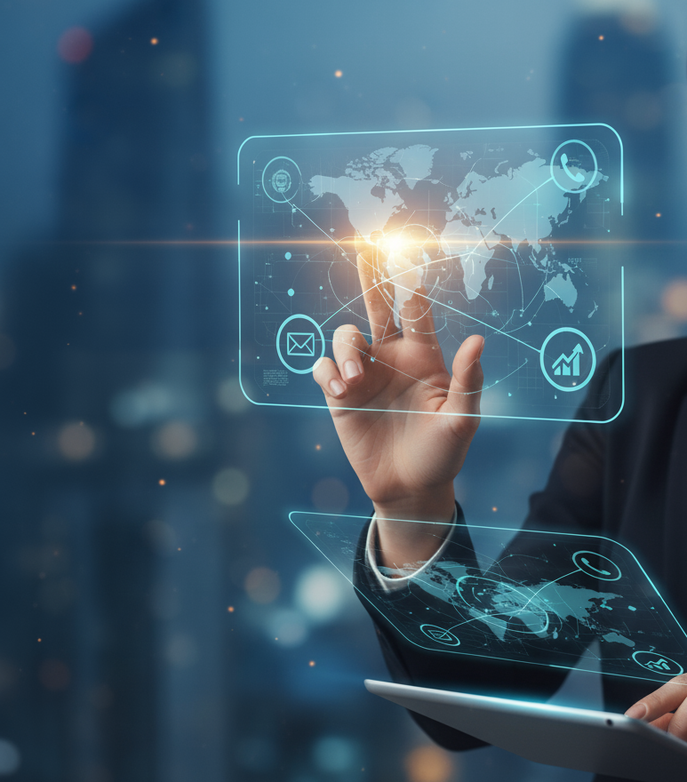 Your Connection to Expert Guidance. A professional in a suit smiling subtly, interacting with a glowing holographic digital display showing a world map and communication icons. She holds a tablet, with a blurred cityscape in the background.