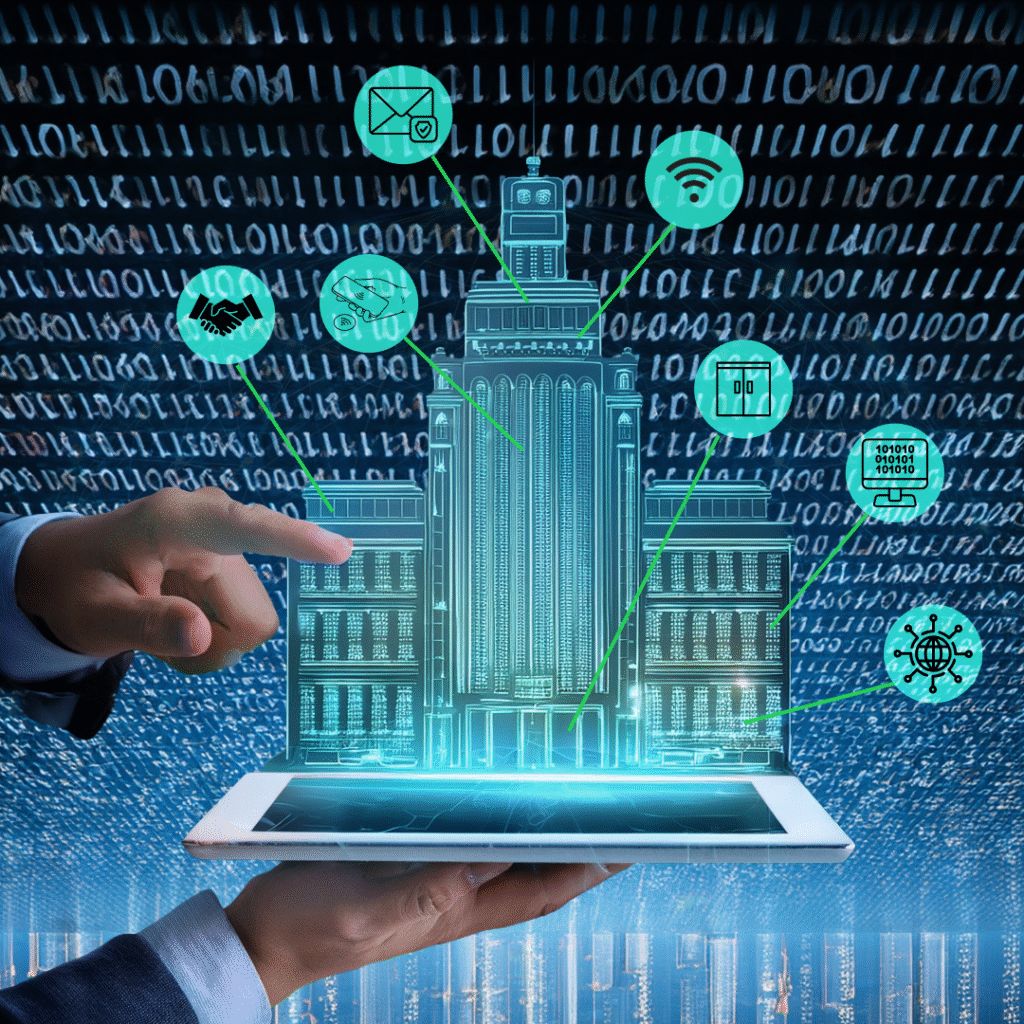 Making IT Easy sectors of work handled. A man holding an ipad that has a holograph of a hotel popping out of the ipad. There are arrows that come from the building to label different sectors of hospitality jobs that are handled by Making IT Easy. The background is a spreadsheet of data.