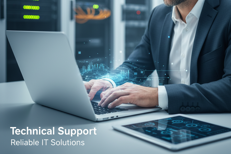 Technical Support Service A focused IT professional in a suit working calmly on a laptop, with data visualizations emanating from the keyboard. In the blurred background, server racks are visible. A tablet with technical diagrams sits on the desk.