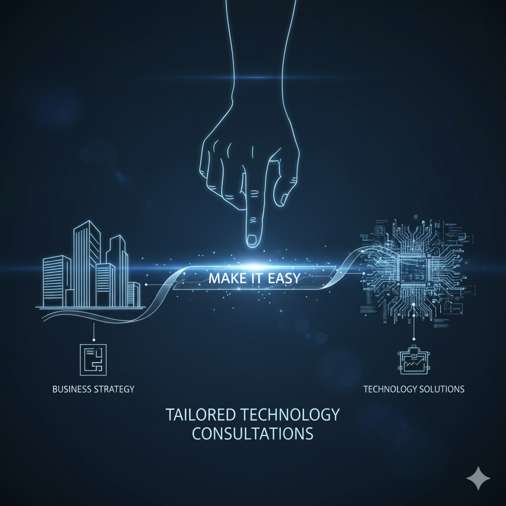 Photo of Consultation Service An abstract digital image showing a glowing hand bridging two distinct concepts: on the left, line art of city buildings representing 'Business Strategy,' and on the right, a circuit board and network elements representing 'Technology Solutions.' The bridge is labeled 'Make IT Easy' with the text 'Tailored Technology Consultations' below.