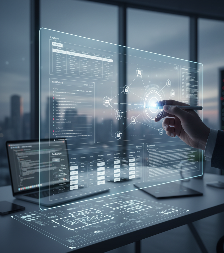 Photo capturing project management services. A hand interacting with a holographic digital project management dashboard showing network diagrams, task lists, and data, with a laptop and subtle server racks in a modern office background.