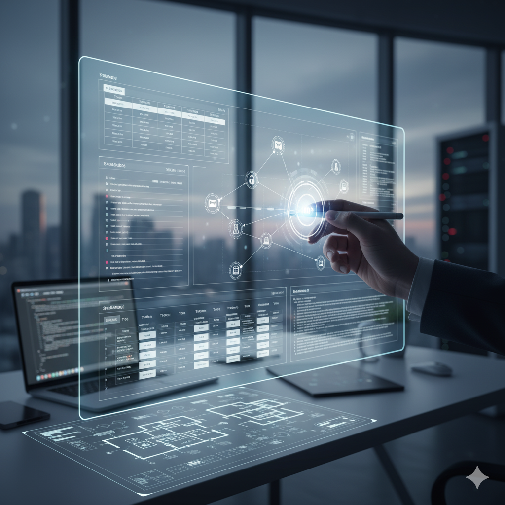 Photo capturing project management services. A hand interacting with a holographic digital project management dashboard showing network diagrams, task lists, and data, with a laptop and subtle server racks in a modern office background.