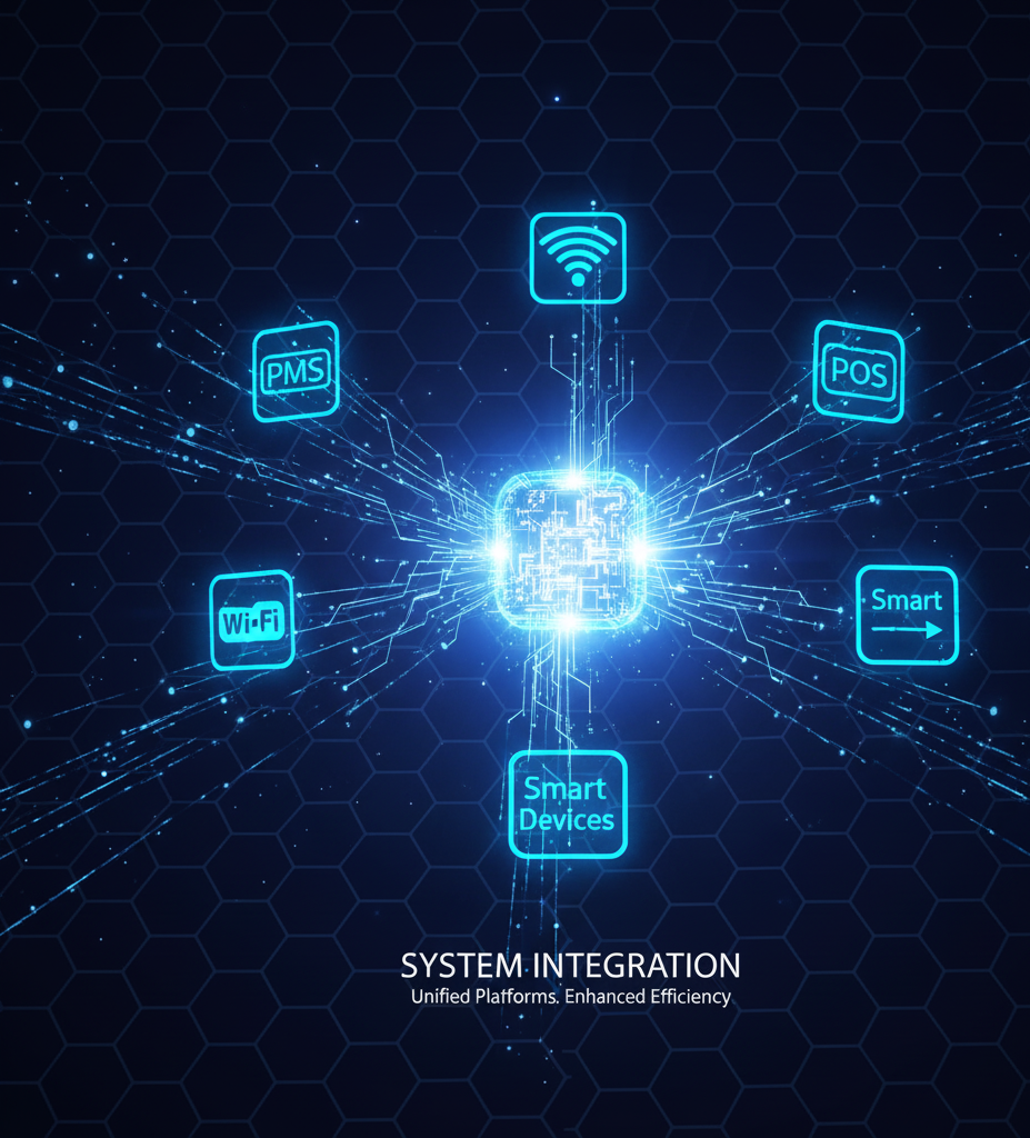 System Integrations An abstract digital image showing a glowing central core emitting light and data streams. Around it, icons representing various technology systems like PMS, POS, Wi-Fi, and Smart Devices are connected by glowing lines.